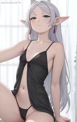 1girls ai_generated anhanger10 breasts female frieren green_eyes lingerie pointy_ears small_breasts solo sousou_no_frieren tagme