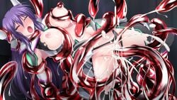 amanogi_akira bar_censor blush bodysuit breast_sucking breasts censored closed_eyes clothing_aside cum cum_in_pussy cum_overflow double_penetration female forced_orgasm game_cg grabbing_another's_breast groping headgear kyokkou_senki_mistletear large_breasts large_variant_set long_hair magical_girl midorigi_mura mistletear navel nipple_stimulation nipples non-web_source official_art open_mouth orgasm purple_hair pussy rape restrained solo spread_legs tears tentacle tentacle_sex thighhighs torn_clothes vaginal_penetration variant_set