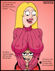 alternate_breast_size american_dad blonde_hair breast_rest breasts breasts_on_head brown_hair color erect_nipples female francine_smith gradient_background huge_breasts human male mother_and_son sbb shmaw steve_smith sweater tongue