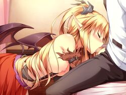 blonde_hair blush breasts censored closed_eyes erect! fellatio female game_cg long_hair nipples oral penis piromizu pointy_ears solo tail tiana_jill_lilithtia wings