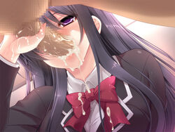 black_hair censored chikubi_(artist) cum cum_in_mouth fellatio game_cg hikida_reina kyonyuu_jk_saiin_choukyou long_hair oral purple_eyes school_uniform tagme zion_(company)