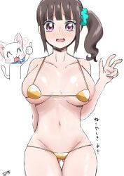 aged_up ass_visible_through_thighs big_ass big_breasts bikini catgirl cure_lillian cure_nyammy feline golden_bikini kiki_ooba micro_bikini nekoyashiki_mayu nekoyashiki_yuki precure pretty_cure thumbs_up wonderful_precure!