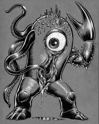 claws coop dripping greyscale horn monochrome monster one_eye pussy pussy_juice tentacle thorns three_toes