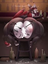 3_toes absurd_res angry anthro arrow_pointing_to_butt ass bar bar_counter bar_stool beverage big_butt bite_mark black_body black_eyes black_fur bodily_fluids body_writing bubble claws container counter cum cum_drip cum_in_ass cum_inside cum_on_ground cup degradation deliciousq drinking_glass dripping drunk drunk_bubble feet foot_fetish fur furniture genital_fluids glass glass_container glass_cup grumpy hazbin_hotel hi_res huge_butt humiliation husk_(hazbin_hotel) hyper hyper_butt leaning leaning_forward looking_at_viewer male male/male motion_lines multicolored_body multicolored_tail nude oblivious open_mouth paws sharp_teeth solo spank_marks spank_marks_on_ass steam stool substance_intoxication tail tally_marks teeth text thick_thighs toe_claws toes white_body white_fur wide_hips wings writing_on_butt