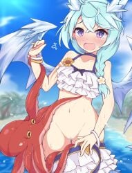 absurdres bikini blue_hair blue_sky blue_wings blurry blurry_background blush bracelet braid censored crystal_horns crystal_wings dragon_horns dragon_wings female flower frilled_bikini frilled_bikini_bottom frilled_bikini_top frills gold_bracelet hair_flower hair_ornament hair_over_shoulder highres horns jewelry kuroha_koudai long_hair mosaic_censoring multiple_bracelets octopus oerba_yun_fang open_mouth outdoors princess_connect! purple_eyes pussy sheffy_(princess_connect!) sheffy_(summer)_(princess_connect!) skin_fang sky slit_pupils swimsuit tearing_up white_bikini wings