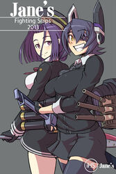 2013 beauty_mark breasts clothed duo english_text eye_patch female female_only gloves hair_between_eyes human kantai_collection large_breasts lavender_eyes looking_at_viewer mikoyan miniskirt mole mole_under_eye multiple_females multiple_girls necktie purple_hair sideboob simple_background skirt smile standing sword tatsuta_(kantai_collection) tenryuu_(kantai_collection) text thighhighs weapon yellow_eyes