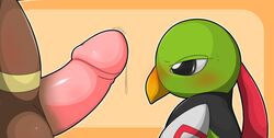 1girls anthro avian beak bear bird black_eyes black_fur blush brown_fur chubby cum cum_on_penis erection eyelashes feathers female female_xatu feral fur green_fur imminent_sex male nintendo nude orange_background orgasm penis pink_penis plain_background pokémon_(species) pokemon pokemon_(species) precum shadow shiny size_difference straight sweat thick_penis type ursaring white_fur wings xatu yellow_fur