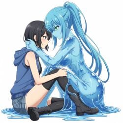 2girls ai_generated black_boots black_hair black_legwear black_shirt blue_eyes blue_hair blue_hoodie breasts cleavage female green_eyes hair human_female large_breasts long medium_breasts nude ponytail short_hair sleeveless_shirt slime slime_girl