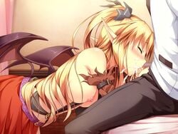 blonde_hair blush breasts censored closed_eyes cum cum_in_mouth erect! fellatio female game_cg long_hair nipples oral penis piromizu pointy_ears solo tail tiana_jill_lilithtia wings