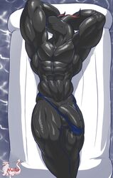 abs absurd_res anthro balls barely_contained black_balls black_body black_penis blue_clothing blue_thong blue_underwear clothed clothing draconer dragon genitals hands_behind_head hi_res ipeto lying male male_only masterelrest muscular muscular_anthro muscular_male on_back penis solo thong topless underwear water