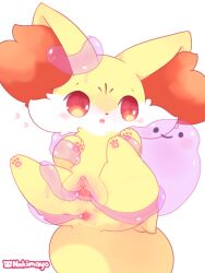anus black_nose blush cervix cheek_tuft clitoral_hood clitoris ditto_(pokemon) duo facial_tuft female fennekin feral fluffy fluffy_tail fur generation_1_pokemon generation_6_pokemon genitals heart_symbol hi_res inner_ear_fluff intersex intersex/female nakimayo nintendo pawpads paws pink_pawpads pokemon pokemon_(species) pussy red_body red_eyes red_fur simple_background slime smile spread_anus spread_pussy spreading tail tuft urethra white_background white_body white_fur yellow_body yellow_fur