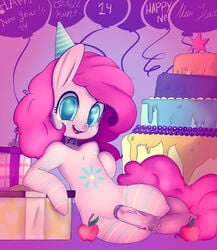 2013 balloons blue_eyes cake dickgirl equine friendship_is_magic fur hair hat horse intersex looking_at_viewer my_little_pony party_hat penis pink_fur pink_hair pinkie_pie_(mlp) pony presents smile solo straight_hair tesuai