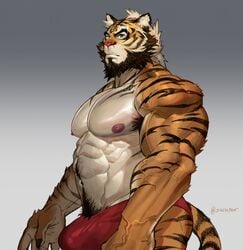 1male 2021 abs anthro armpit_hair barazoku beard big_bulge big_muscles black_hair black_stripes blue_eyes body_fur body_hair bulge claws clothed clothing countershading erection erection_under_clothing facial_hair felid fur grey_background hair happy_trail hi_res inner_ear_fluff male male_nipples male_only male_thong mammal masculine mature_male multicolored_body multicolored_fur muscular muscular_anthro muscular_male navel nipples obliques orange_body orange_fur pantherine pecs pubes pubic_hair shirtless simple_background smooth_fur solo solo_male standing striped_body striped_fur stripes suck-nis tenting text thong tiger topless tuft underwear url vein white_body white_countershading white_fur white_hair