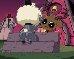 absurd_res anthro anus ass bovid caprine caught collar cult_of_the_lamb deer duo fennespresso follower_(cult_of_the_lamb) genitals hi_res kneeling lamb_(cult_of_the_lamb) male male/male mammal massive_monster_(studio) nude penis presenting presenting_hindquarters sheep short_stack