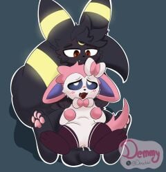 absurd_res balls begging black_body black_fur bodily_fluids clothing cum demmy duo eeveelution female feral fur generation_2_pokemon generation_6_pokemon genital_fluids genitals hi_res knot knotting male male/female nintendo open_mouth paws pokemon pokemon_(species) smug smug_face spread_legs spreading sylveon tail tight_clothing umbreon white_body