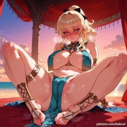 ai_generated armlet balecxi blonde_hair blue_eyes blush breast_curtains feet female genshin_impact jean_gunnhildr jewelry large_breasts legs loincloth long_hair looking_at_viewer navel patreon_username pelvic_curtain ponytail sandals sky smile solo spread_legs thighlet thighs toenails toes
