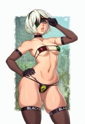 bikini blacked blacked_clothing female_only nier:_automata thick_thighs white_hair yorha_2b