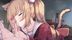 animal_ear_fluff animal_ears blonde_hair cat_ears cat_girl cat_tail censored closed_eyes clothed_female_nude_male commentary_request fellatio female highres jon_(pixiv31559095) mosaic_censoring nude oral original penis solo_focus straight tail