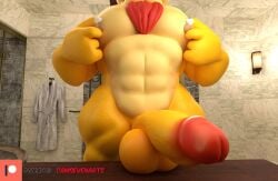 2023 3d_(artwork) 4_fingers abs anthro balls bathroom big_balls big_pecs big_penis body_hair bowser camseven chest_hair circumcised digital_media_(artwork) english_description erection fingers front_view genitals hi_res humanoid_genitalia humanoid_penis koopa male mario_bros muscular muscular_anthro muscular_male muscular_thighs nintendo nipple_fetish nipple_pinch nipple_play pecs penis pinch scales scalie solo vein veiny_penis yellow_body yellow_scales