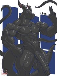 3:4 abs anthro balls biceps black_balls black_body black_penis draconer dragon genitals hi_res ipeto long_penis male male_only masterelrest muscular muscular_anthro muscular_male nude penis solo