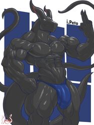 1boy abs absurd_res anthro beefy biceps black_body blue_clothing blue_thong blue_underwear bulge clothed clothing draconer dragon genital_outline hi_res horns ipeto male male_only male_thong masculine masterelrest mature_male muscular_anthro muscular_male pecs penis_outline shirtless smooth_skinned_male softcore solo tail thong topless underwear white_eyes