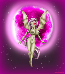 2013 anthro anthrofied bat_wings breasts cutie_mark equine eyeshadow fangs female fluttershy_(mlp) flying friendship_is_magic glowing_eyes hair horse looking_at_viewer makeup moon my_little_pony navel night nipples nude outside pegasus pink_hair pony pussy red_eyes sixpathoffriendship stars straight_hair vampire wings