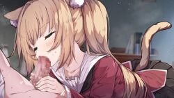animal_ear_fluff animal_ears blonde_hair cat_ears cat_girl cat_tail censored closed_eyes clothed_female_nude_male fellatio female highres jon_(pixiv31559095) mosaic_censoring nude oral original penis solo_focus straight tail