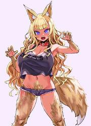 animal_ears asanagi big_penis blonde_fur blonde_hair choker collar curvy denim_shorts female_only fox_ears fox_girl fox_tail fur huge_breasts long_hair looking_at_viewer original purple_eyes sharp_nails sharp_teeth short_shorts solo tank_top thick_thighs