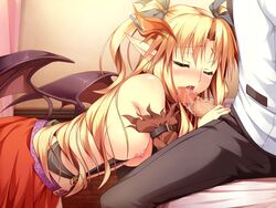 blonde_hair blush breasts censored closed_eyes erect! female game_cg long_hair nipples penis piromizu pointy_ears solo tail tiana_jill_lilithtia wings