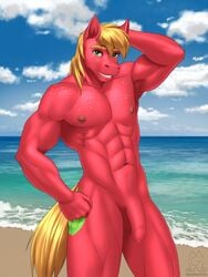 3:4 abs absurd_res anthro beach big_macintosh_(mlp) biped blonde_hair casual casual_nudity cutie_mark equid equine flaccid friendship_is_magic fur genitals hair hasbro hi_res horse humanoid_genitalia humanoid_penis male male_focus male_only mammal muscular muscular_anthro muscular_male my_little_pony mykegreywolf navel nipples nude outside penis pony public red_body red_fur sand sea seaside solo water yellow_body yellow_fur