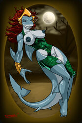 anthro aquaman_(series) breasts clothing cosplay costume crown dc doomington erect_nipples female fish hair marine mera nipples pussy pussy_juice red_hair shark torn_clothing