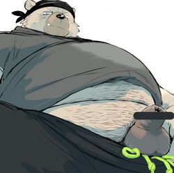 2021 anthro ball_hair balls bandana belly big_belly bodily_fluids body_hair bottomwear censor_bar censored clothed clothing cute_fangs flaccid foreskin fully_clothed genitals hairy_balls hairy_belly hi_res humanoid_genitalia humanoid_penis ineffective_censorship kemono kerchief long_foreskin low-angle_view male male_only mammal midriff overweight overweight_anthro overweight_male pants pants_down partially_clothed penis pubes raised_clothing raised_shirt raised_topwear sessa shirt simple_background small_penis snaggle_tooth solo sweat sweatdrop thick_foreskin topwear uncut ursid white_background worm's-eye_view