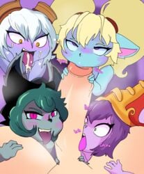 1boy 4girls blonde_hair blowjob blush collaborative_fellatio cum cum_in_mouth cum_inside faetomi fellatio freak green_hair handjob harem human humanoid interspecies league_of_legends licking_penis light-skinned_male lulu_the_fae_sorceress male_human/female_humanoid multiple_fellatio multiple_girls oral oral_sex poppy purple_eyes quadruple_fellatio riot_games shortstack teamwork text tristana vex_(league_of_legends) white_hair yordle