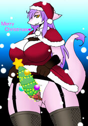 1futa big_breasts blush breasts christmas chubby clothing dragon erection fur futanari hair holidays intersex kurube long_hair looking_at_viewer penis pink_fur purple_hair raised_tail solo stars stockings