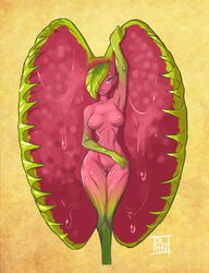 breasts cropped_legs dalehan female freckles green_skin leaf leaf_on_head looking_at_viewer monster_girl nipples one_eye_covered original personification plant pussy pussy_juice red_eyes red_skin seductive_smile thigh_gap two_tone_skin venus_flytrap