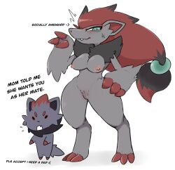 ambiguous_gender anthro areola biped black_body black_fur breasts dialogue duo female fur generation_5_pokemon genitals green_eyes grey_body grey_fur hi_res nintendo nipples pokemon pokemon_(species) pussy red_body red_fur simple_background svkhaiminh white_background zoroark zorua