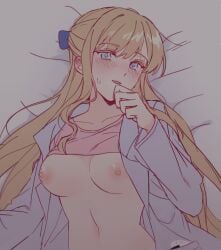 1girls :d bed bed_sheet blonde_hair blue_bow blue_eyes blush bow breasts claire_francois clothes_lift coat collarbone colored_eyelashes come_hither dark ear_blush hair_spread_out hairbow half_updo happy highres inviting large_breasts long_hair long_sleeves looking_at_viewer lying narrowed_eyes nipples no_bra on_back open_clothes open_coat open_shirt out_of_frame_censoring parted_lips pink_shirt raeclairex shirt shirt_lift solo stomach sweat swept_bangs upper_body watashi_no_oshi_wa_akuyaku_reijou