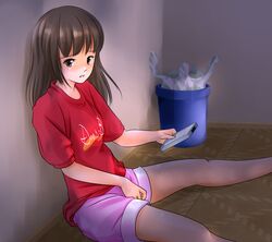 blush brown brown_eyes controller female fenderu hair long_hair masturbation original remote_control shorts sitting spread_legs straight_hair