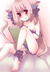 animal_ears bed blush bra bra_pull brown_hair cat_ears copyright_request frills lingerie long_hair masturbation nipple_slip nipples panties pecoe pen red_eyes ribbon sketchbook sweat tail through_panties underwear very_long_hair