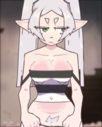 animated bare_shoulders blurry_background breasts doubt_(thedo_ubt) elf frieren green_eyes looking_away navel nipples pointy_ears pussy room sleeveless_shirt smile solo solo_female sousou_no_frieren subtitled tagme twintails underwear undressing video white_hair