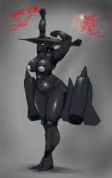 aeromorph aircraft big_breasts flexing gh0stworx grey_background living_aircraft living_machine red_eyes simple_background sr-71 sr-71_blackbird standing thick_thighs