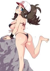 1girls alternate_breast_size ass bare_feet big_ass big_butt bikini blue_eyes blush breasts brown_hair butt feet female hat hilda_(pokemon) large_breasts light-skinned_female light_skin long_hair looking_at_viewer nintendo pokemon pokemon_bw smile soles sweat toes tottotonero