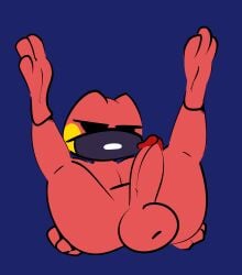 1-upclock amphibian anthro balls big_balls big_penis blue_background face_mask feet frog genitals hi_res huge_balls male male_only penis red_body ren_(1-upclock) simple_background solo spread_legs spreading thick_thighs