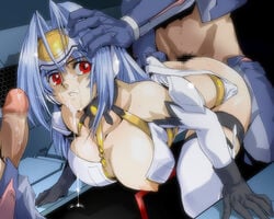 blue_hair breasts censored cum doggy_style facial garters gloves group_sex hand_on_head hanging_breasts huge_breasts kos-mos large_breasts lolita_channel long_hair mosaic mosaic_censoring multiple_males nipple_slip nipples penis red_eyes sex thighhighs threesome xenosaga zettai_ryouiki