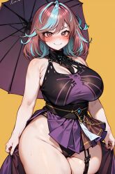 ai_generated blush emikukis huge_breasts multicolored_hair ricochetk smile sweat umbrella virtual_youtuber vtuber wide_hips