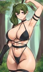 1girls abs bikini breasts commission cromwellb female green_hair high_resolution huge_breasts large_breasts light-skinned_female light_skin long_hair midriff navel sousou_no_frieren thick_thighs ubel_(sousou_no_frieren) weapon wide_hips