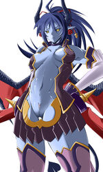 asmodeus_(shinrabanshou) blue_skin bottomless clothing female female_only highres horns kojou navel pointy_ears pussy shinrabanshou small_breasts solo solo_female stockings thighhighs