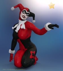 1girls 3d 3d_(artwork) batman_(series) big_breasts blue_eyes bodysuit boots curvaceous curvy curvy_figure dc dc_comics deviantstar12 female female_only harley_quinn harley_quinn_(classic) hourglass_figure on_knees smile smiling solo