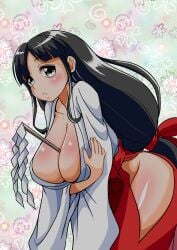 1girls between_breasts big_breasts black_hair breast_hold breasts busty cleavage crossed_arms female female_only grey_eyes highres huge_breasts japanese_clothes leaning_forward legs long_hair long_skirt long_sleeves looking_at_viewer miko original parted_lips pocky_(pocky_and_rocky) pocky_and_rocky pose posing sayo_(kiki_kaikai) sensual sexually_suggestive shrine_maiden skirt solo thick_thighs thighs