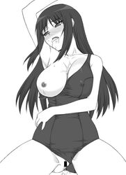 1girls blush breast_slip breasts censored cum cum_in_mouth cum_inside cum_on_body cum_on_breasts cum_on_upper_body erect_nipples female kurusugawa_ayaka long_hair monochrome nipples one-piece_swimsuit one_breast_out school_swimsuit shichimenchou simple_background solo swimsuit swimsuit_aside swimsuit_pull to_heart to_heart_(series)